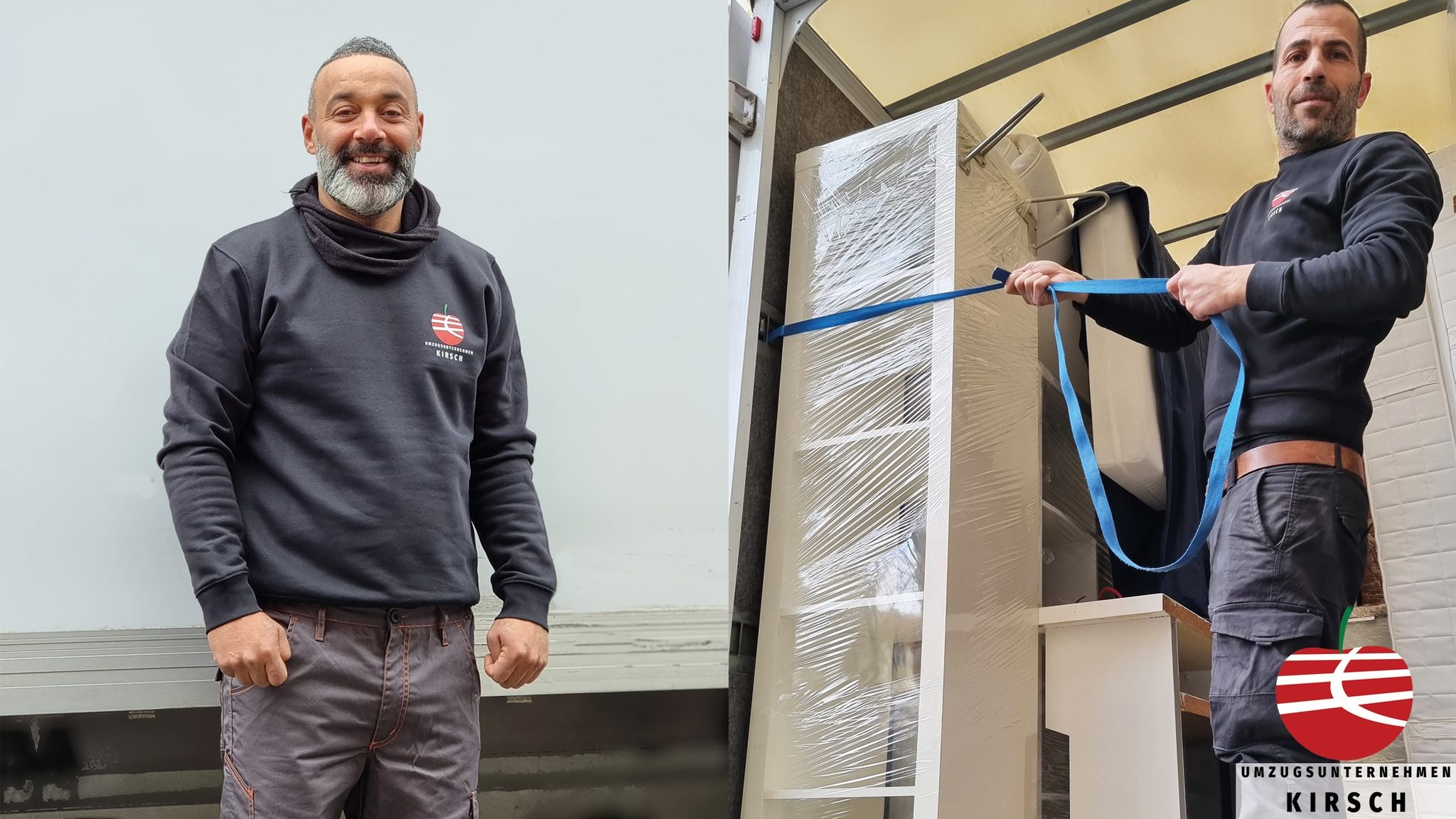 Umzugsteam verlädt Kartons in einen LKW vor einem Wohnhaus