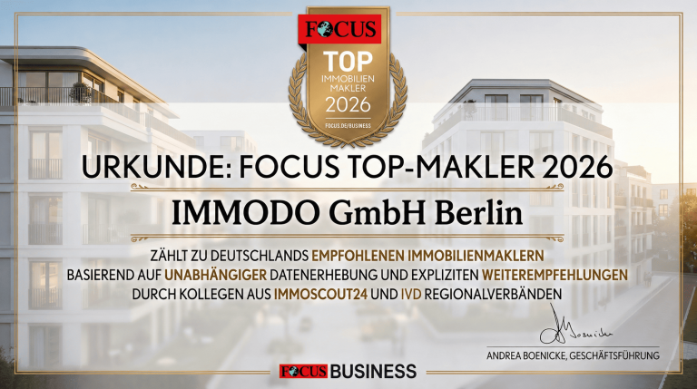 FOCUS Top-Immobilienmakler in Berlin 2026 Urkunde für IMMODO GmbH