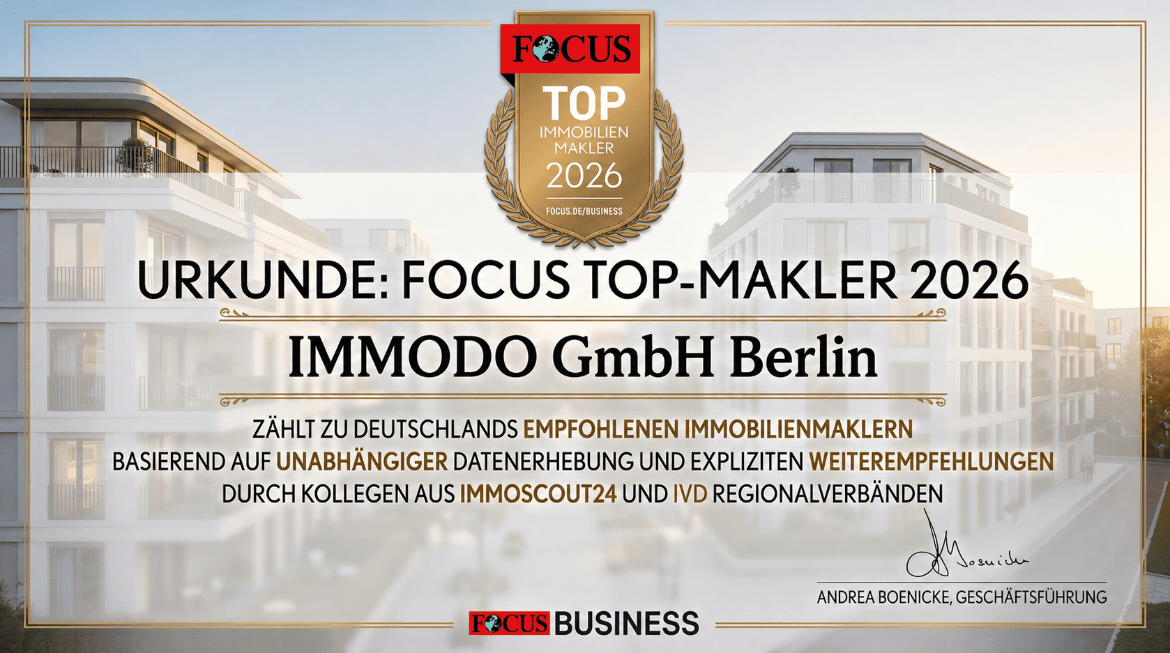 FOCUS Top-Immobilienmakler in Berlin 2026 Urkunde für IMMODO GmbH