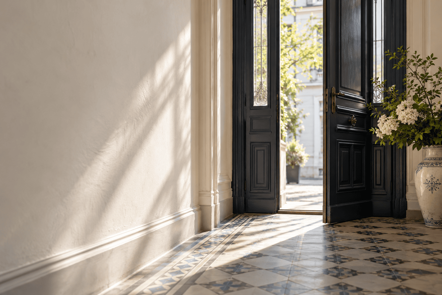 Sonnenbeschienener Berliner Altbau mit Eingangstür als Sinnbild für einen abgesicherten Immobilienkauf